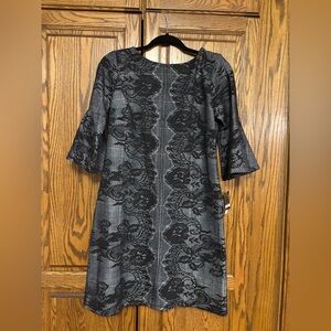 Gabby Skye Black and Gray Sheath Dress with Bell Sleeves